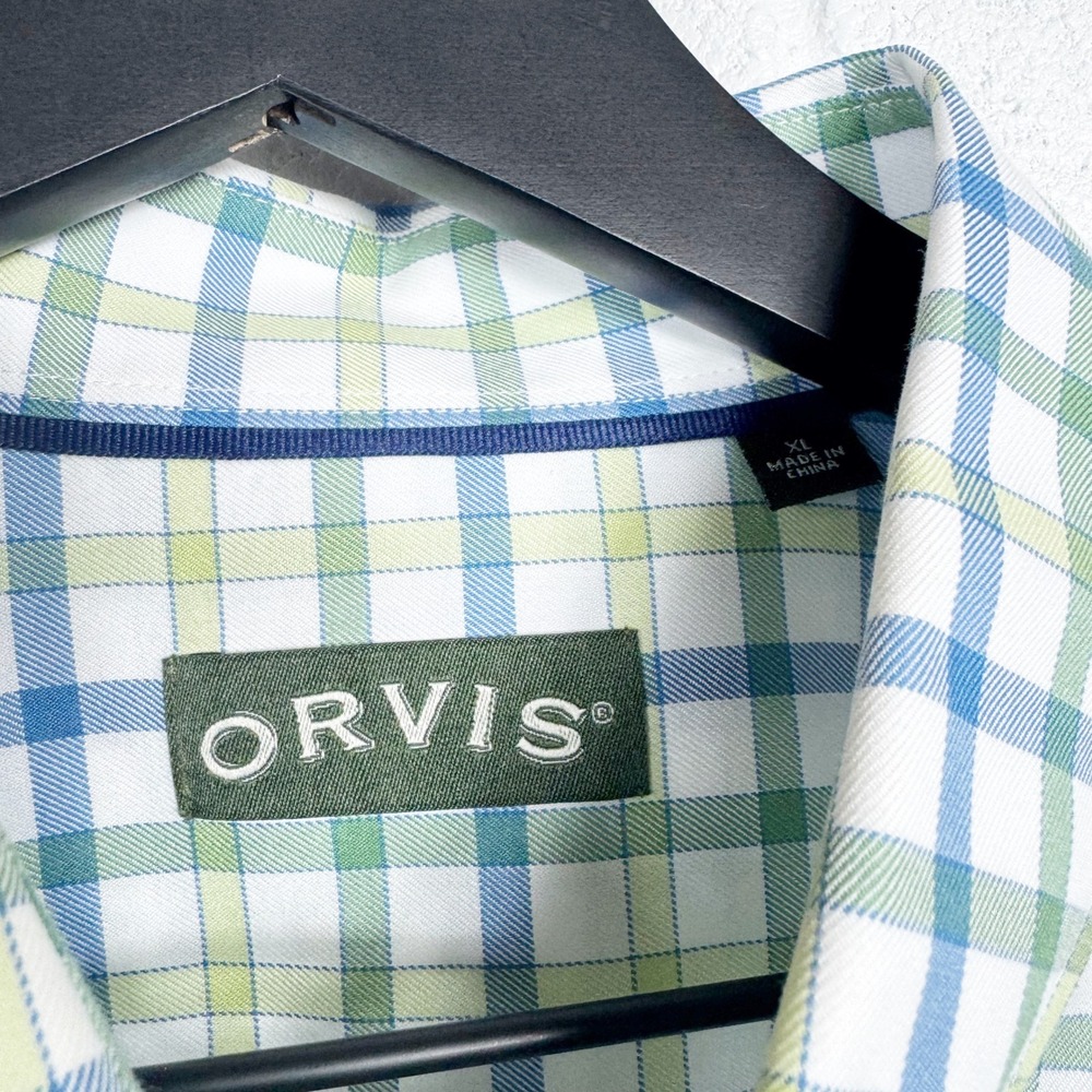 Orvis Mens XL Button Down Shirt Long Sleeve Plaid Blue Green White 100% Cotton - Picture 3 of 6